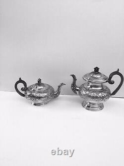 George Sheffield Style Melon Shape Hand Chased Floral 4 Pieces Coffee/Tea Set