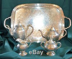Gorham Puritan Silver Tea Set with Silver Plate Tray