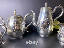 H F & Co Silver Plate Tea Service Coffee Pot/Teapot/Creamer/Lidded Sugar Bowl