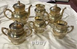 Homan SilverPlate 6pc Antique Quadruple Tea Set Intricate Floral Etch Excellent
