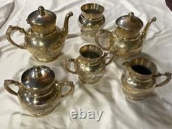 Homan SilverPlate 6pc Antique Quadruple Tea Set Intricate Floral Etch Excellent