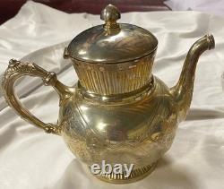 Homan SilverPlate 6pc Antique Quadruple Tea Set Intricate Floral Etch Excellent