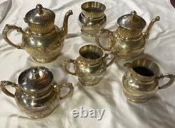 Homan SilverPlate 6pc Antique Quadruple Tea Set Intricate Floral Etch Excellent