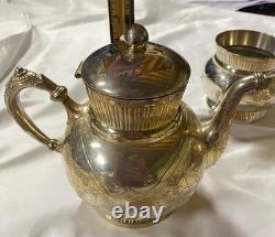 Homan SilverPlate 6pc Antique Quadruple Tea Set Intricate Floral Etch Excellent