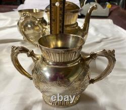 Homan SilverPlate 6pc Antique Quadruple Tea Set Intricate Floral Etch Excellent