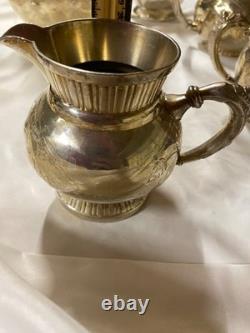 Homan SilverPlate 6pc Antique Quadruple Tea Set Intricate Floral Etch Excellent