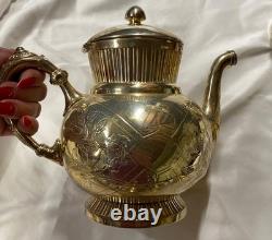 Homan SilverPlate 6pc Antique Quadruple Tea Set Intricate Floral Etch Excellent