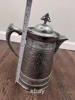 Huge Ornate Southington Victorian Silver Plate Coffee Tea Pot Flowers Gray Heron