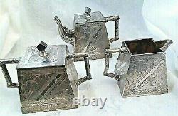 James W Tufts 3 Pc Bachelor Tea Set ca 1880 Amer. Aesthetic Movement Silverplate