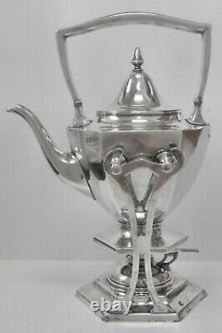 LOVELY! Atq Slv Plate MERIDEN #289 TILTING TEA/COFFEE POT withBURNER LAMP & STAND