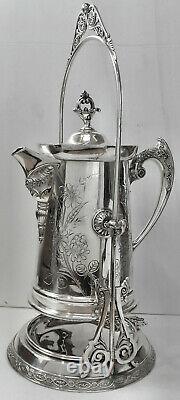 LOVELY! Atq Slv Plate MERIDEN #289 TILTING TEA/COFFEE POT withBURNER LAMP & STAND