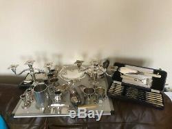 Lot Of Silver Plated Items. Candelabra & Candle Sticks, Tazza, Tea Pot Etc