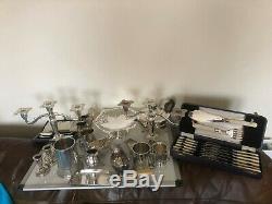 Lot Of Silver Plated Items. Candelabra & Candle Sticks, Tazza, Tea Pot Etc