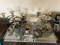 Lot Of Silver Plated Items. Candelabra & Candle Sticks, Tazza, Tea Pot Etc