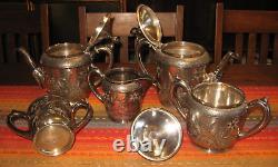 MERIDEN B SILVER PLATE ENGRAVED TEA SET QUADRUPLE 5 PC 1800s NO DENTS w LIDS