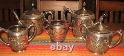 MERIDEN B SILVER PLATE ENGRAVED TEA SET QUADRUPLE 5 PC 1800s NO DENTS w LIDS