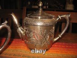 MERIDEN B SILVER PLATE ENGRAVED TEA SET QUADRUPLE 5 PC 1800s NO DENTS w LIDS