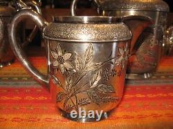 MERIDEN B SILVER PLATE ENGRAVED TEA SET QUADRUPLE 5 PC 1800s NO DENTS w LIDS