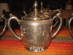 MERIDEN B SILVER PLATE ENGRAVED TEA SET QUADRUPLE 5 PC 1800s NO DENTS w LIDS