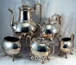 Manning Bowman & Co. Silver Plate Coffee & Tea Service Egyptian Sphinx & Stag