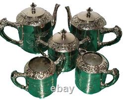 Meriden B Co Quadruple Silver Plate Repousse Tea Coffee Set 5PC Stunning