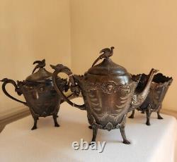 Meriden Britannia Co. 1880 Silverplate Tea Set Egyptian Revival 3 Pcs Pheasant