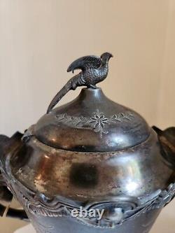 Meriden Britannia Co. 1880 Silverplate Tea Set Egyptian Revival 3 Pcs Pheasant