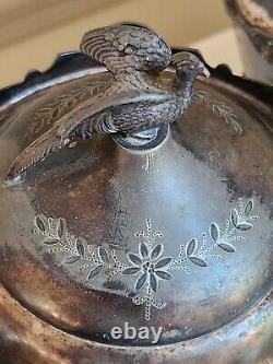 Meriden Britannia Co. 1880 Silverplate Tea Set Egyptian Revival 3 Pcs Pheasant