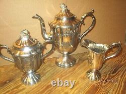 Meriden Britannia Co. Silver Plate Grape Finial Etched Footed Tea Set 3 PC