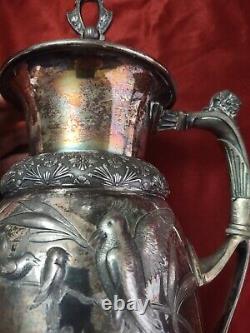 Meriden Britannia Company Quadruple Plate Aesthetic Era Birds Etched Tea Pot