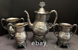 Meriden Silverplate 4pc TEA SET Aesthetic Style Birds Flowers Pierced Feet