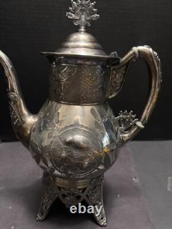 Meriden Silverplate 4pc TEA SET Aesthetic Style Birds Flowers Pierced Feet