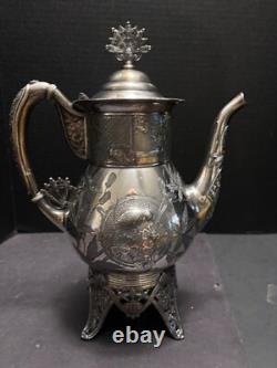 Meriden Silverplate 4pc TEA SET Aesthetic Style Birds Flowers Pierced Feet