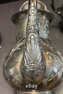 Meriden Silverplate 4pc TEA SET Aesthetic Style Birds Flowers Pierced Feet