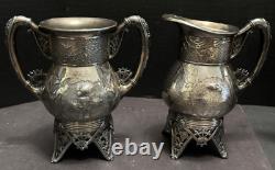 Meriden Silverplate 4pc TEA SET Aesthetic Style Birds Flowers Pierced Feet