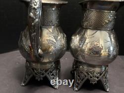 Meriden Silverplate 4pc TEA SET Aesthetic Style Birds Flowers Pierced Feet
