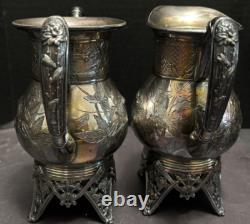 Meriden Silverplate 4pc TEA SET Aesthetic Style Birds Flowers Pierced Feet