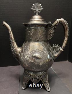 Meriden Silverplate 4pc TEA SET Aesthetic Style Birds Flowers Pierced Feet