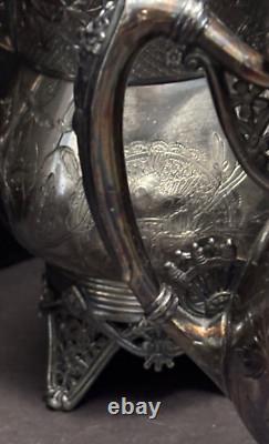 Meriden Silverplate 4pc TEA SET Aesthetic Style Birds Flowers Pierced Feet