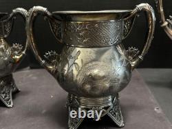Meriden Silverplate 4pc TEA SET Aesthetic Style Birds Flowers Pierced Feet
