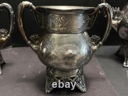 Meriden Silverplate 4pc TEA SET Aesthetic Style Birds Flowers Pierced Feet