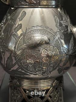 Meriden Silverplate 4pc TEA SET Aesthetic Style Birds Flowers Pierced Feet