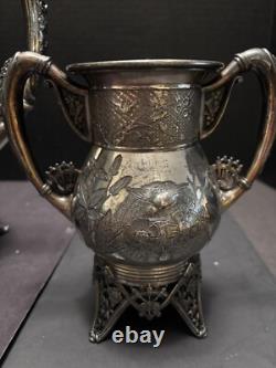 Meriden Silverplate 4pc TEA SET Aesthetic Style Birds Flowers Pierced Feet