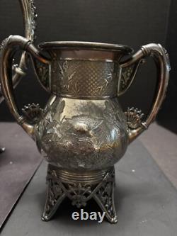 Meriden Silverplate 4pc TEA SET Aesthetic Style Birds Flowers Pierced Feet