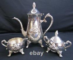 OLD MASTER 3 PIECE SILVER PLATE TEA /COFFE SET WithPOT, LIDDED SUGAR BOWL, CREAMER