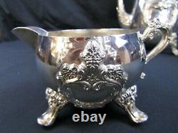 OLD MASTER 3 PIECE SILVER PLATE TEA /COFFE SET WithPOT, LIDDED SUGAR BOWL, CREAMER