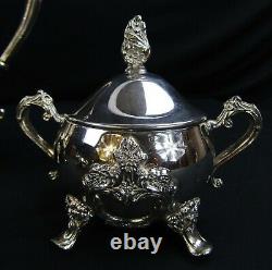 OLD MASTER 3 PIECE SILVER PLATE TEA /COFFE SET WithPOT, LIDDED SUGAR BOWL, CREAMER