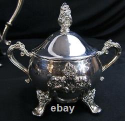 OLD MASTER 3 PIECE SILVER PLATE TEA /COFFE SET WithPOT, LIDDED SUGAR BOWL, CREAMER