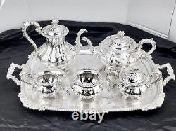 OLD SHEFFIELD PLATE ENGLAND SILVER COFFEE TEA SET BUTLER TRAY 6 pc CHRYSANTHENUM