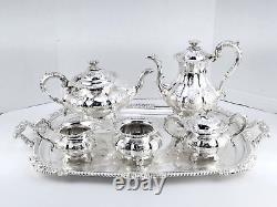 OLD SHEFFIELD PLATE ENGLAND SILVER COFFEE TEA SET BUTLER TRAY 6 pc CHRYSANTHENUM